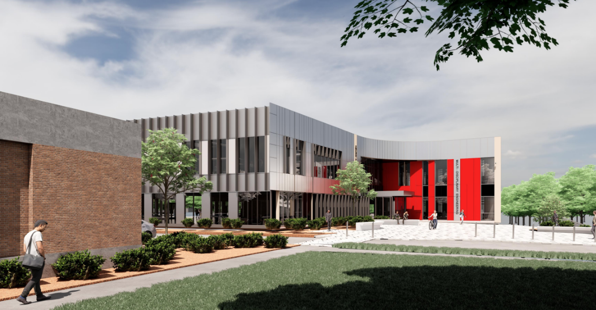 Rendering of proposed modern looking exterior of new MDE/AI building
