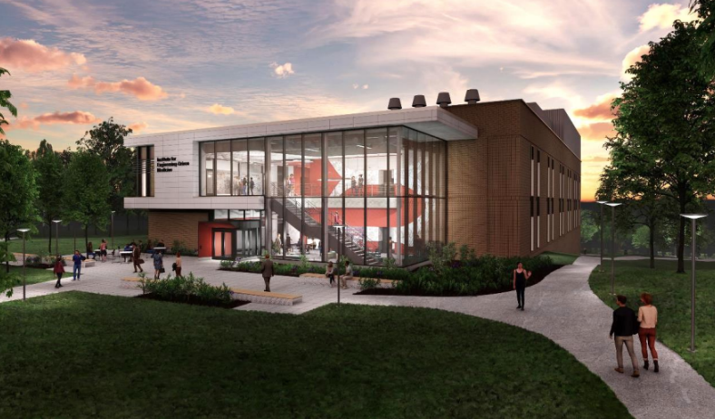 Rendering of exterior of new i-dime building at dusk