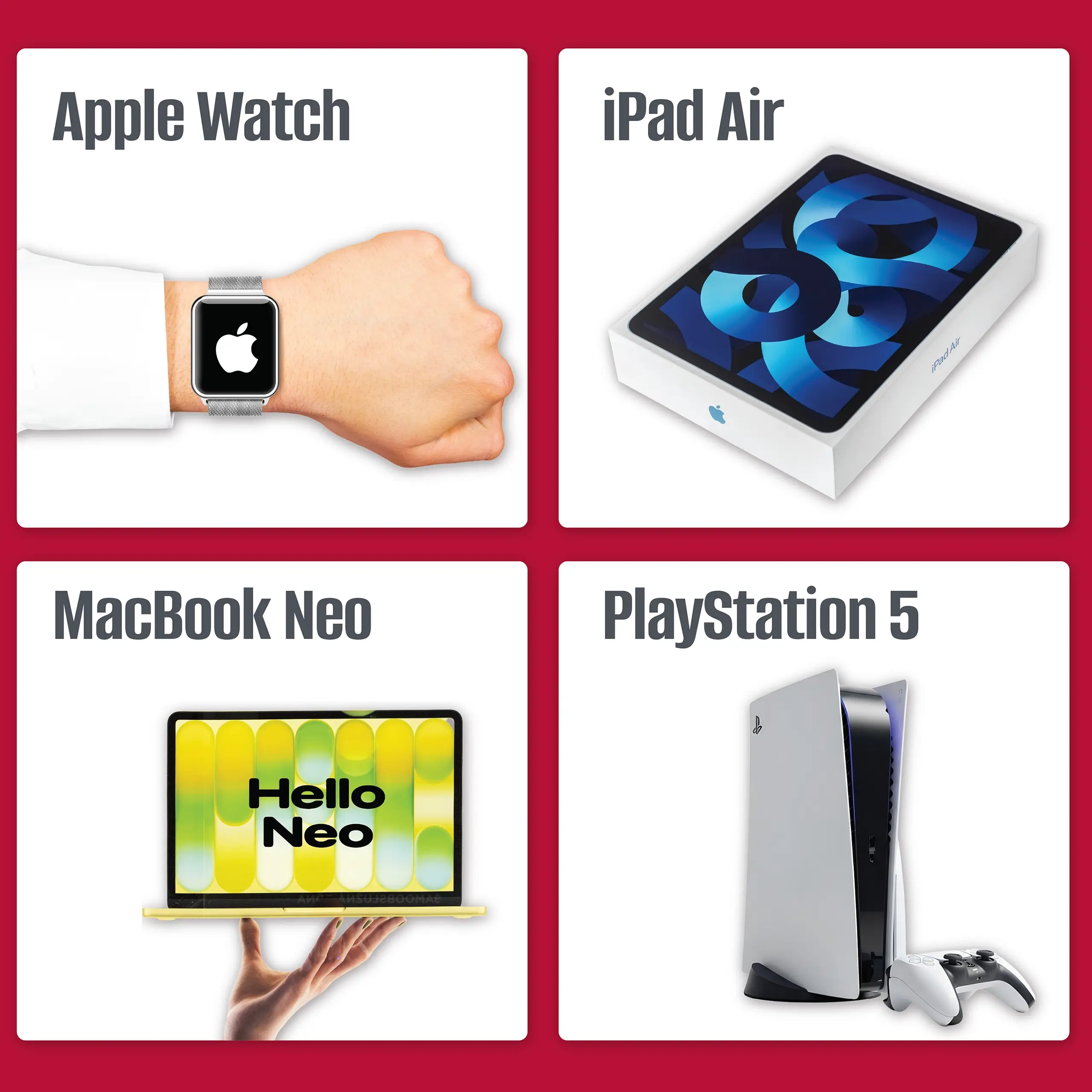Four-panel graphic displaying contest prizes including an Apple Watch, iPad Air box, yellow MacBook Neo laptop, and PlayStation 5 console