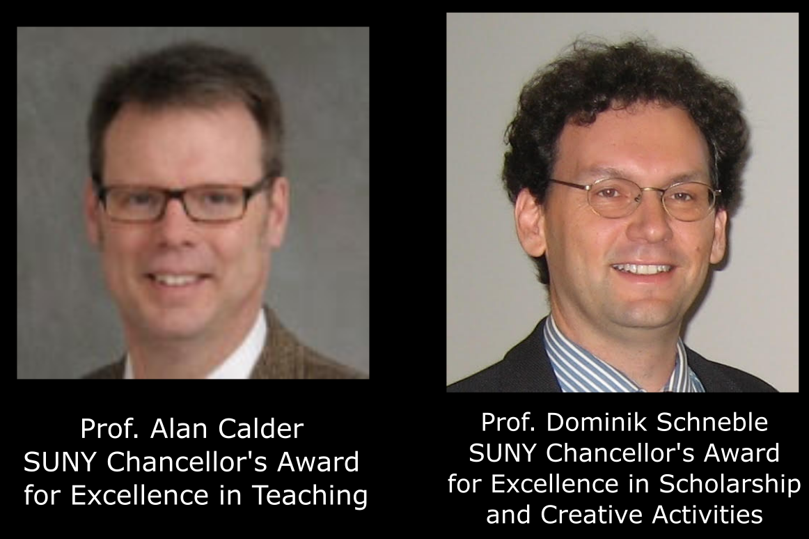 SUNY Honors Department Member Prof Alan Calder with SUNY Chancellor's Award for Excellence in Teaching and Prof. Dominik Schneble with SUNY Chancellor's Award for Excellence in Scholarship and Creative Activities