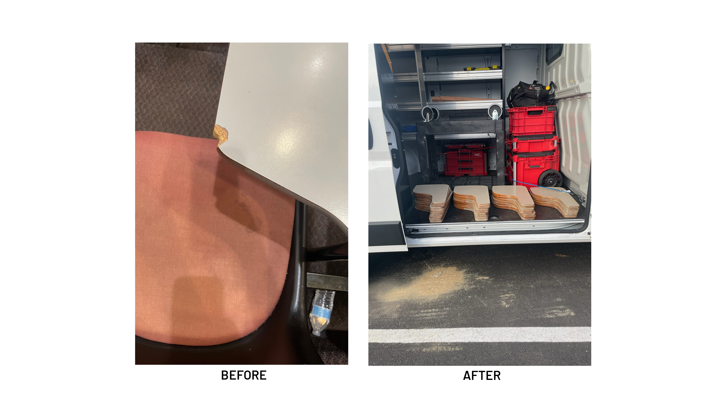 Before and after showing broken desks and desks being repaired