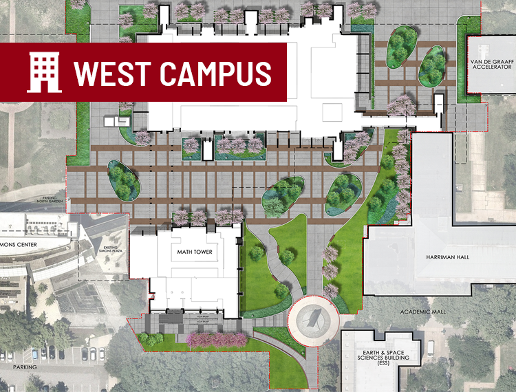 overhead rendering of new plaza with "West Campus" location overlay