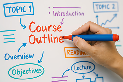 Whiteboard with Course Outline written in the middle and terms such as objectives, overview, topic 1 etc are branched off with arrows