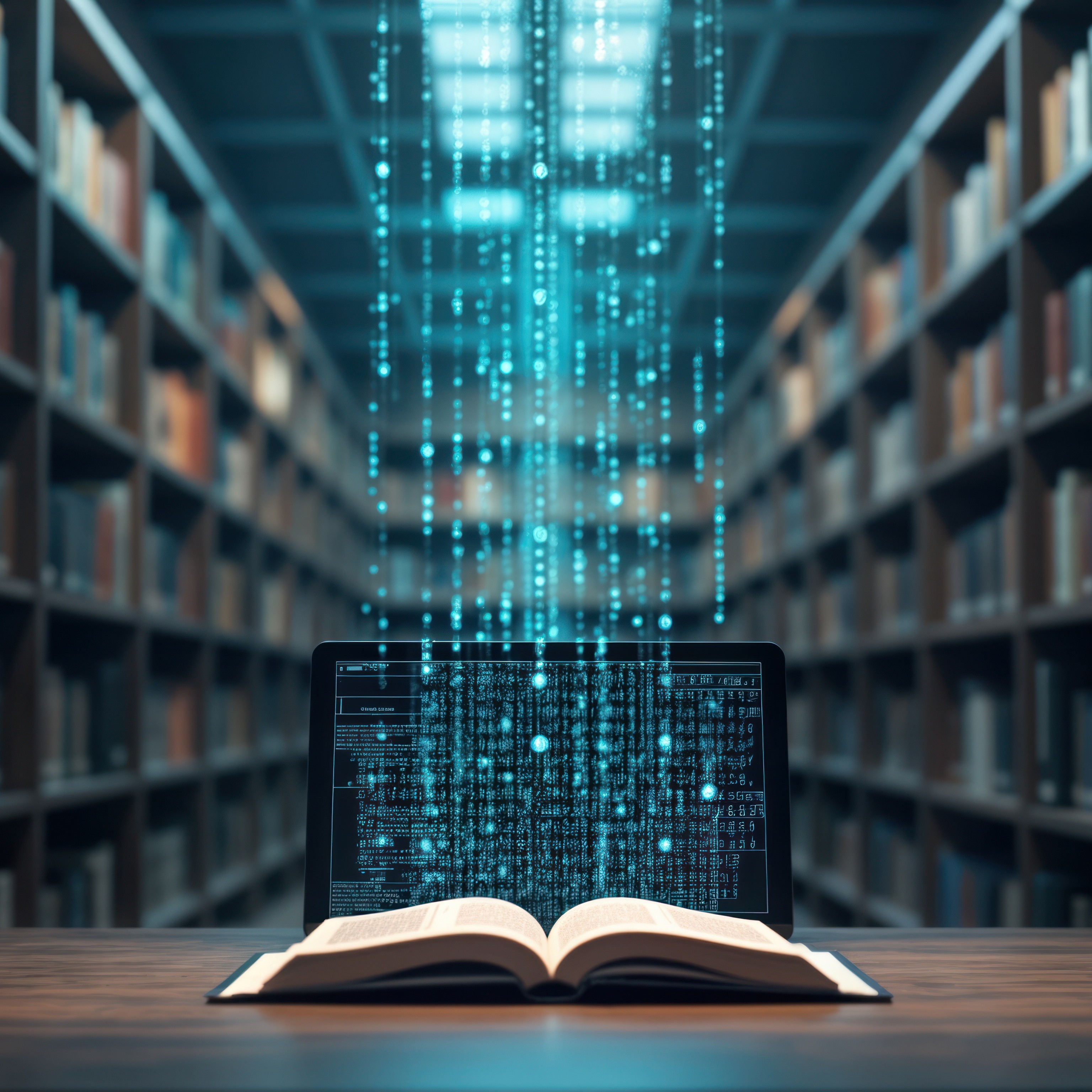 Futuristic library scene. Open book on table with glowing binary code displayed on laptop. Bookshelves filled with various books. Digital data flows through room.