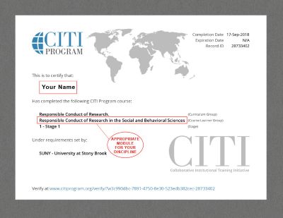 A CITI Program certificate displaying completion of the “Responsible Conduct of Research” and “Responsible Conduct of Research in the Social and Behavioral Sciences – Stage 1” courses, with a world‑map watermark, the CITI logo, a red circular “Appropriate Module for Your Discipline” stamp, and fields listing the learner’s name, completion date, record ID, and institutional affiliation.