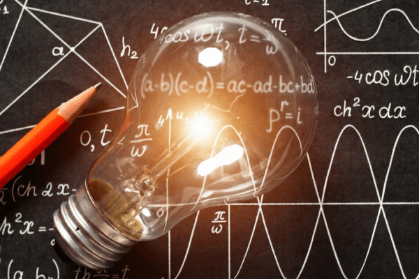 Department of Applied Mathematics and Statistics Lightbulb on top of a chalk board with equations and a pencil
