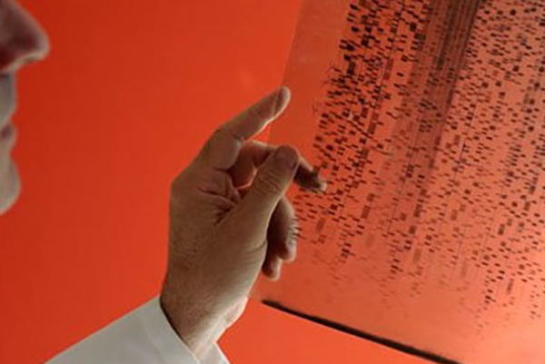 Department of Biomedical Informatics A slight profile of a man in a white lab coat and his hand is holding an xray and the backdrop is orange