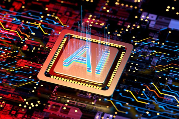 Department of Computer and Electrical Engineering The letters AI in a gold square in front of a lit up computer network as a backdrop