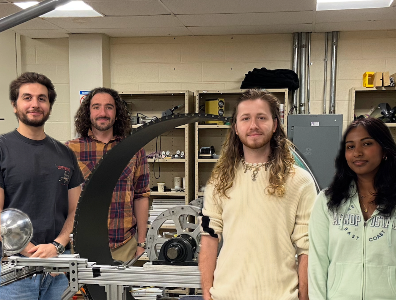 Charles-Joseph Naim, Julian Driebeek, Emmett Gebb, and Saanvi Madishetti standing around the pfRICH vessel, composite photo.