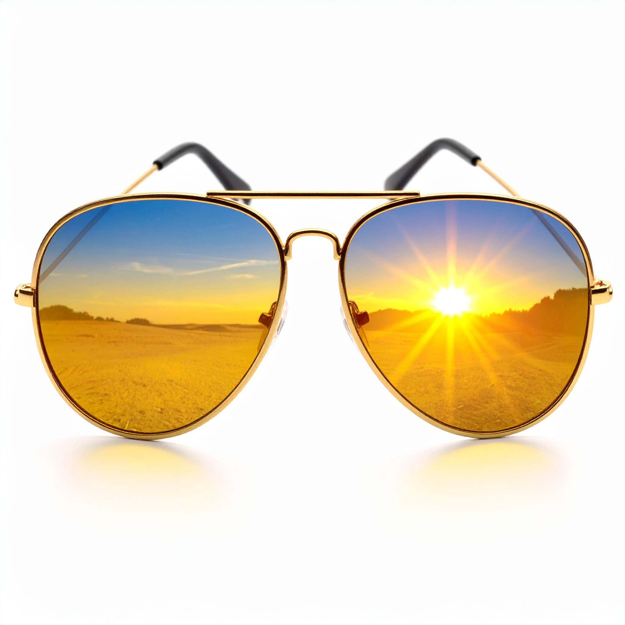 Sunglasses with sunrise in reflection