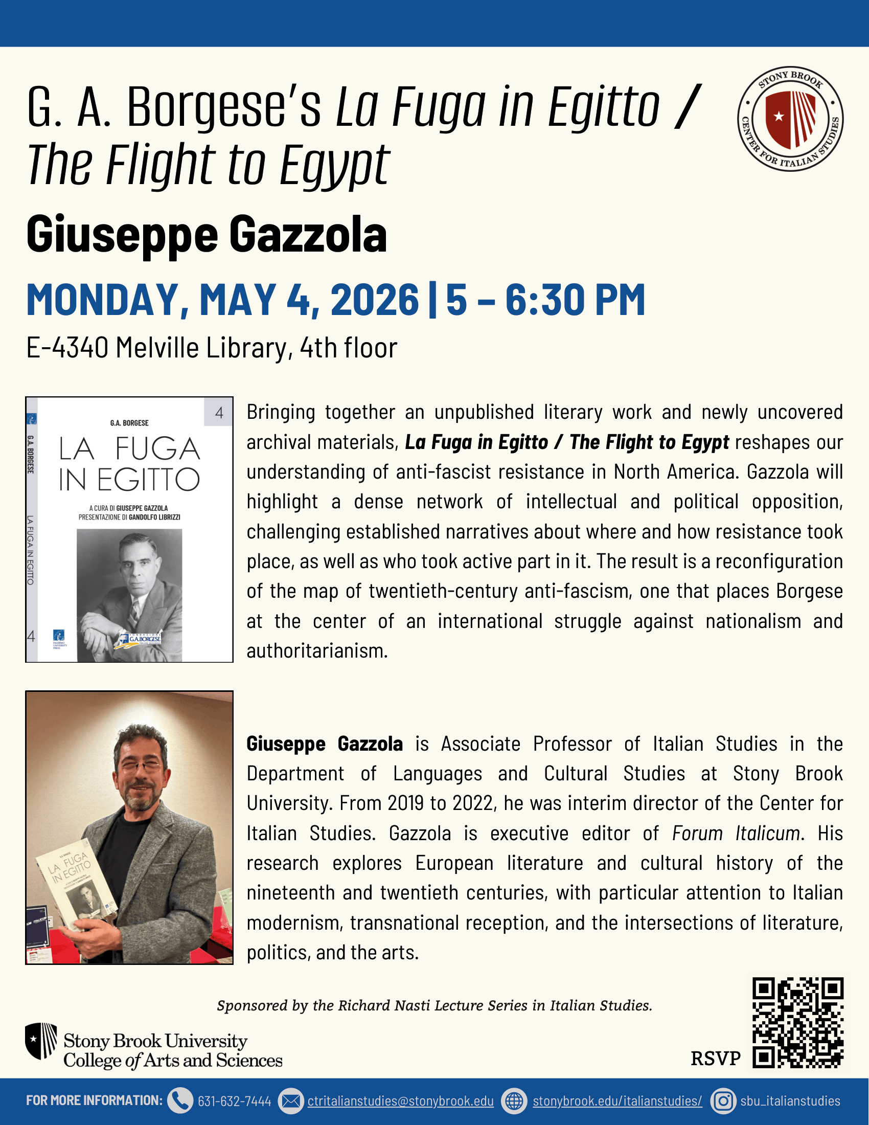 a flyer advertising the May 4 presentation on the new book "La Fuga In Egitto." Information on the flyer is the same as what's on the site.