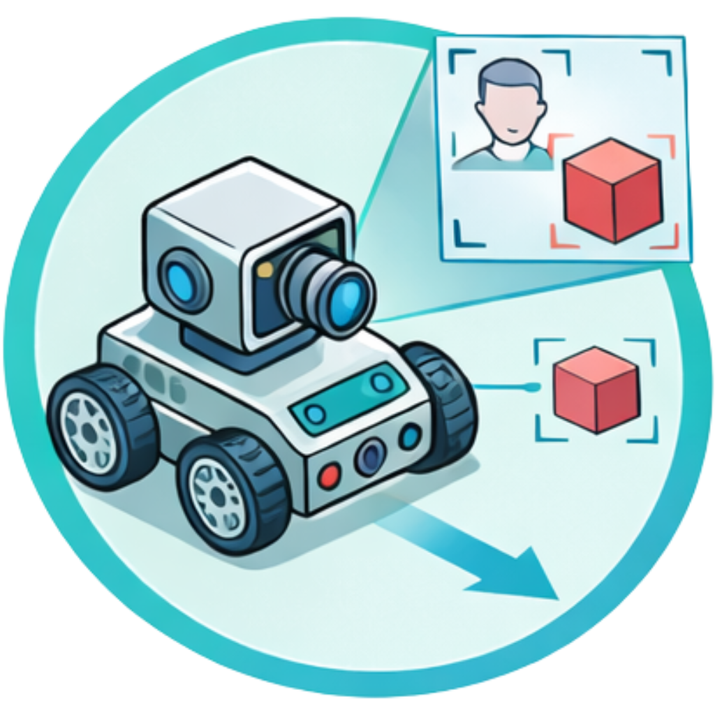 A robot nmoving forward with a thought bubble telling it to avoid an obstacle ahead