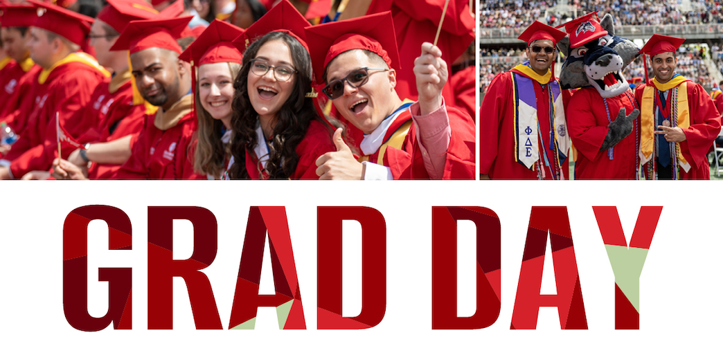 Grad Day header of SBU graduates SBU graduates smiling and celebrating together