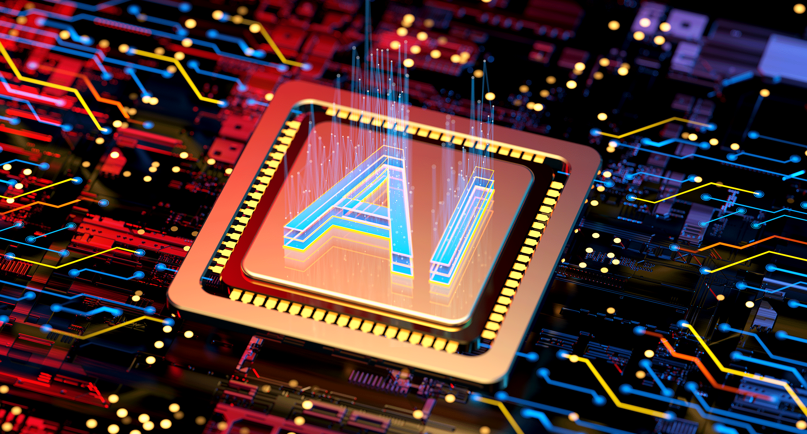 Futuristic circuit board with a glowing processor labeled "AI" at the center, surrounded by colorful, vibrant lines, symbolizing advanced technology.