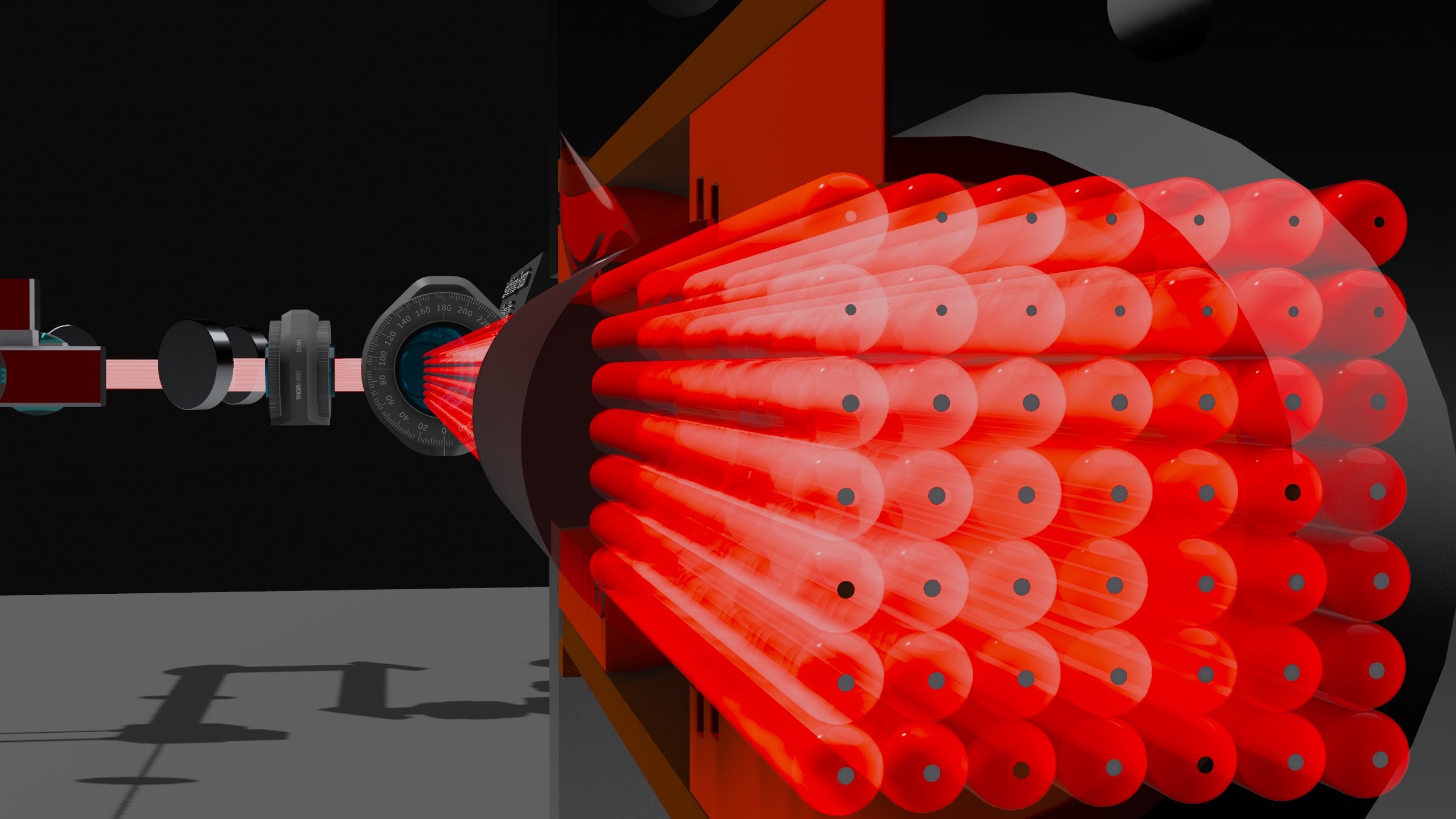 A 3D diagram showing a single light beam split into a large array of glowing red, parallel cylindrical beams extending outward.