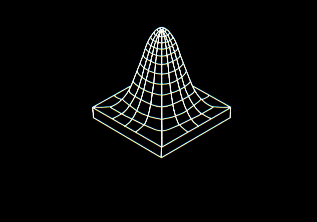A 3D white wireframe grid depicting a bell-shaped, Gaussian distribution curve peaking in the center against a solid black background.