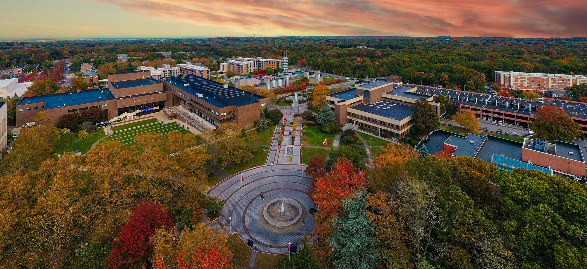 A bird's-eye view of Stony Brook's campus at sunset