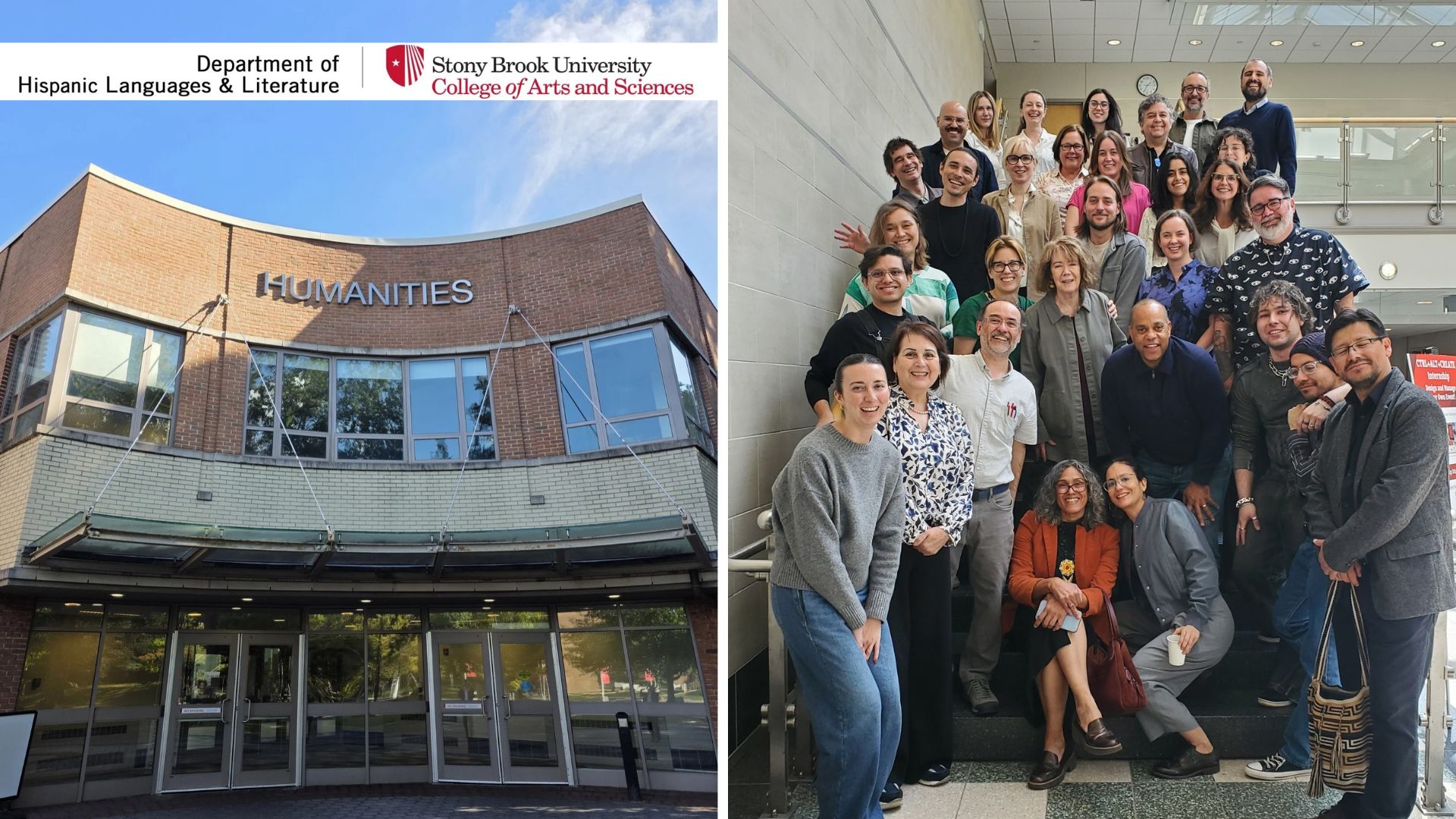 Humanities Building and group picture of faculty and students