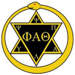 A serpent in a circle around a black and gold six-pointed star with Greek letters.