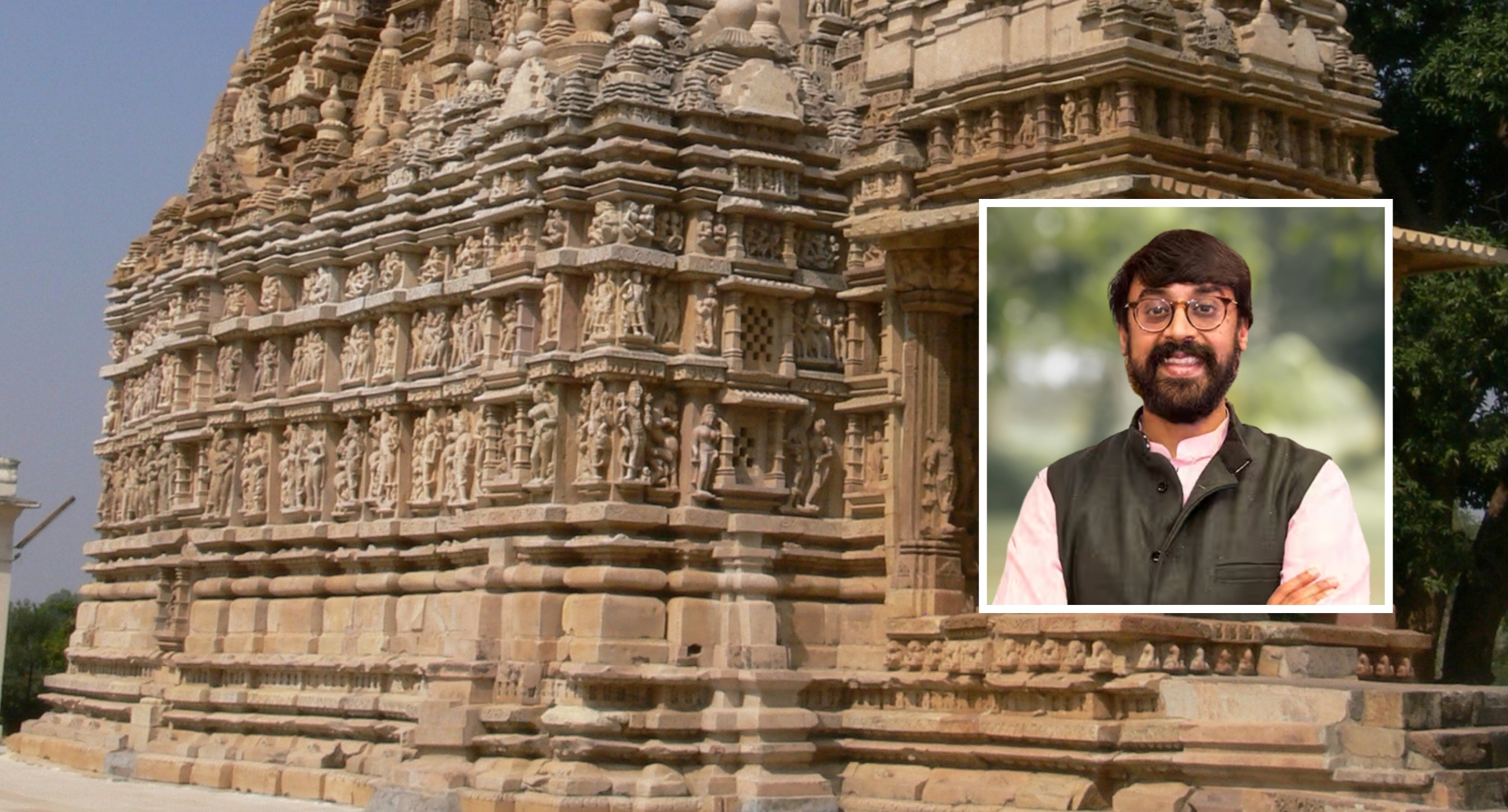 Parshvanath temple in Khajuraho, India with Manjul Bhargava's face on top