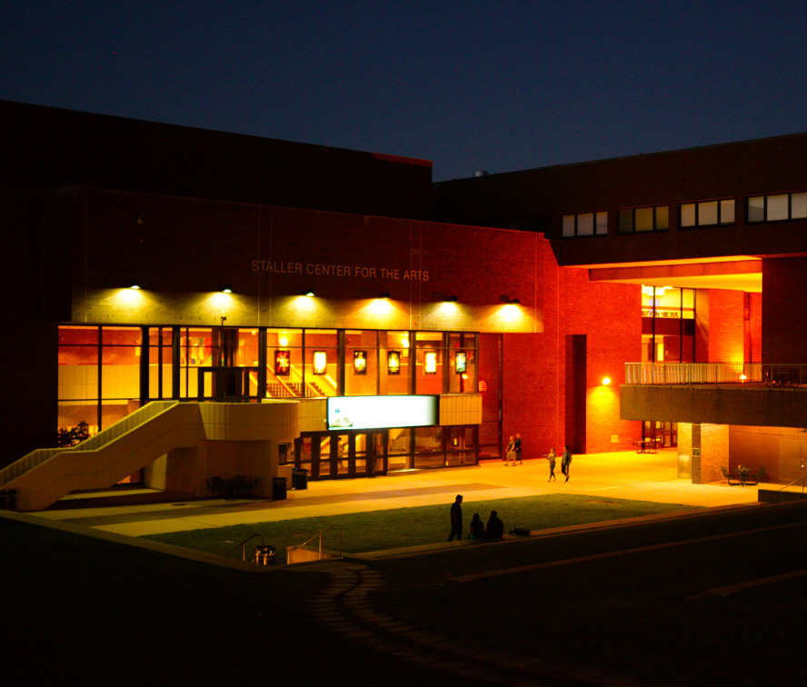 from of staller center entrance at night