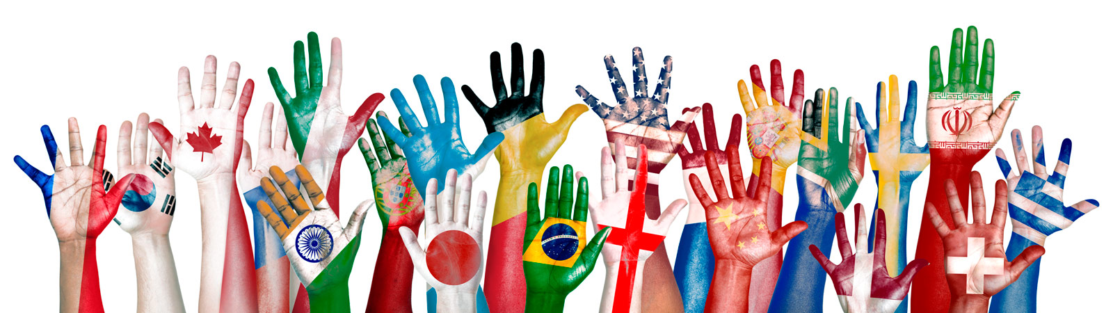 22 hands reaching into the air, each painted with a different country's flag