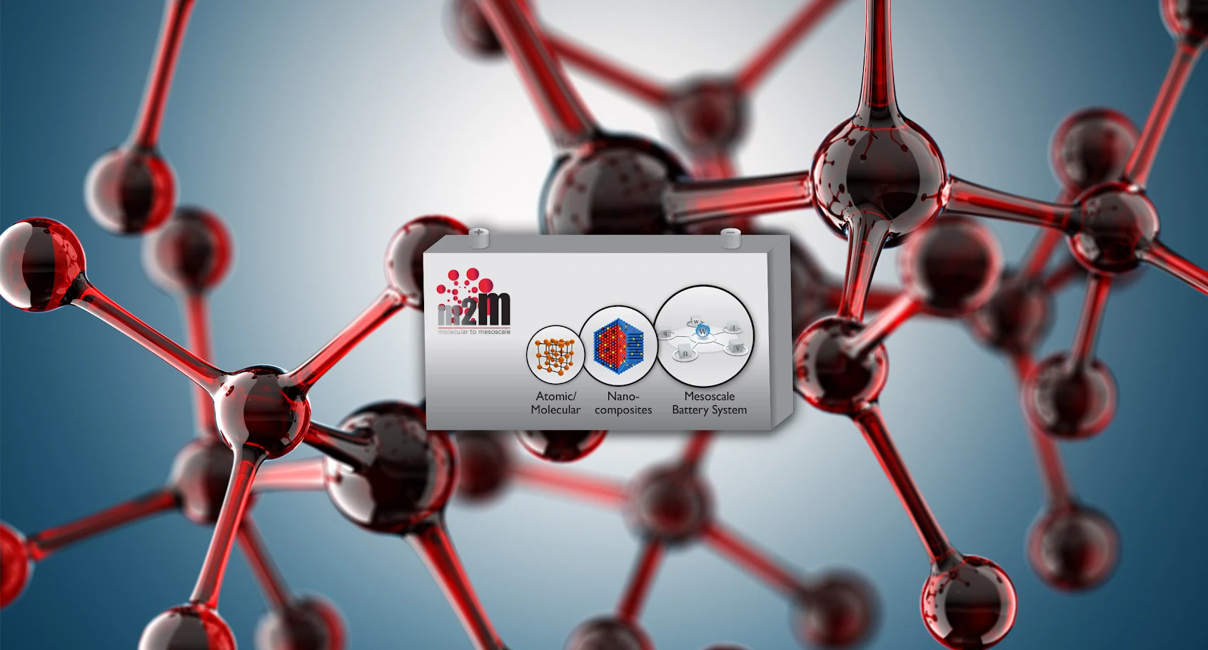 m2m logo on top of an image of a molecule