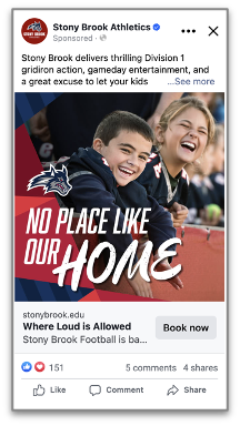 A sponsored Facebook post from Stony Brook Athletics features an advertisement for Stony Brook Football targeting families.