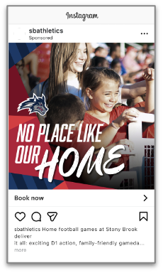 A sponsored Instagram post from the account sbathletics displays an advertisement for Stony Brook University football games.