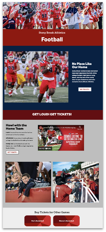 A promotional email newsletter for Stony Brook Athletics Football is designed with a vertical, multi-section layout utilizing the university's red, white, and blue color palette.
