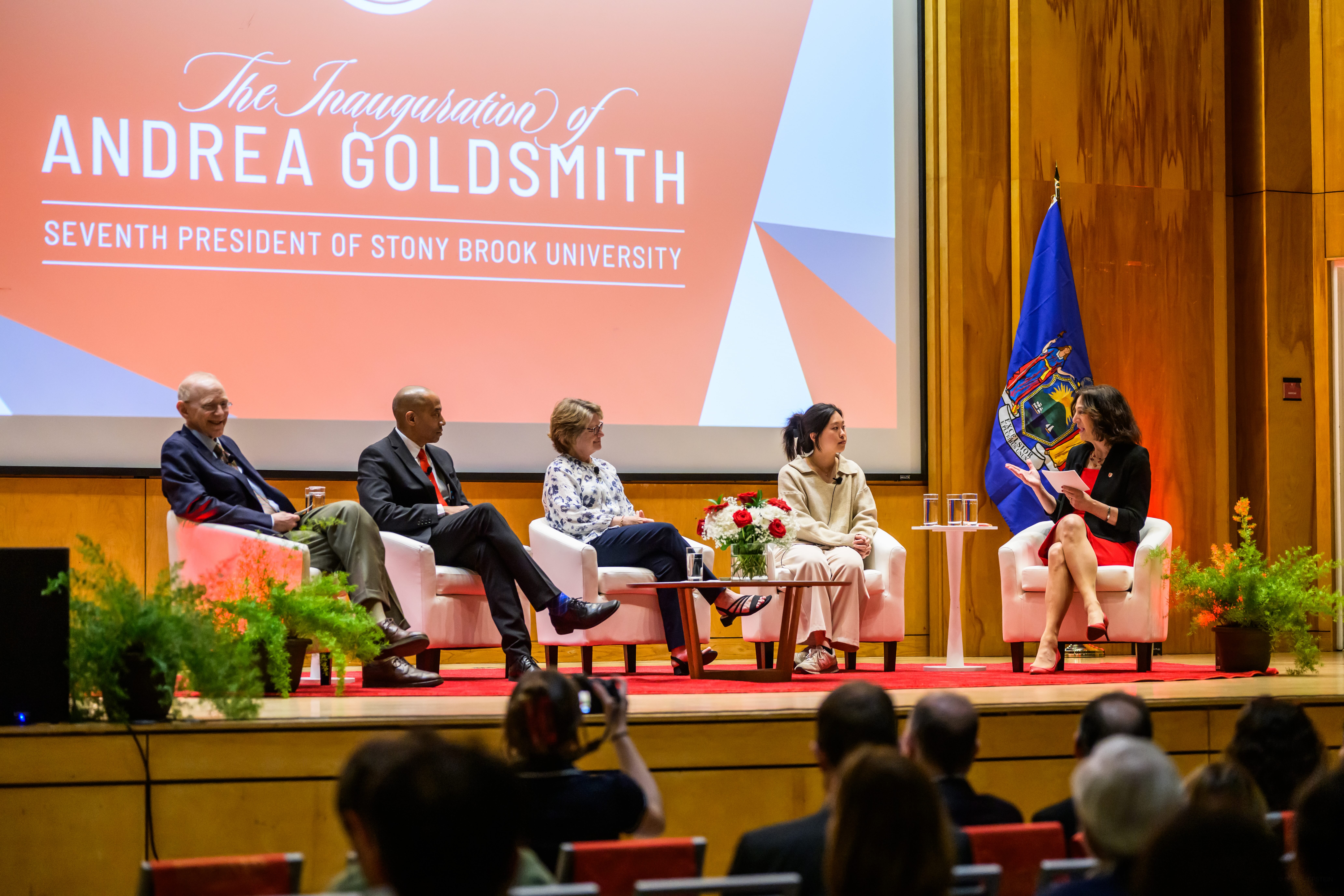 A stage panel discussion takes place during the inauguration of Andrea Goldsmith as the seventh president of Stony Brook University.
