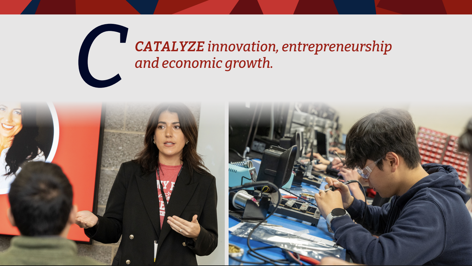 Slide featuring a large letter "C" and text starting with "CATALYZE" above two images showing a woman presenting and a student working in a lab.