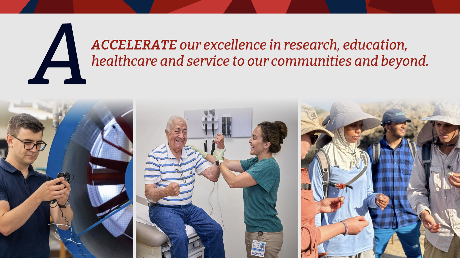 Slide with text starting with "ACCELERATE" above three images showing research, healthcare, and fieldwork.