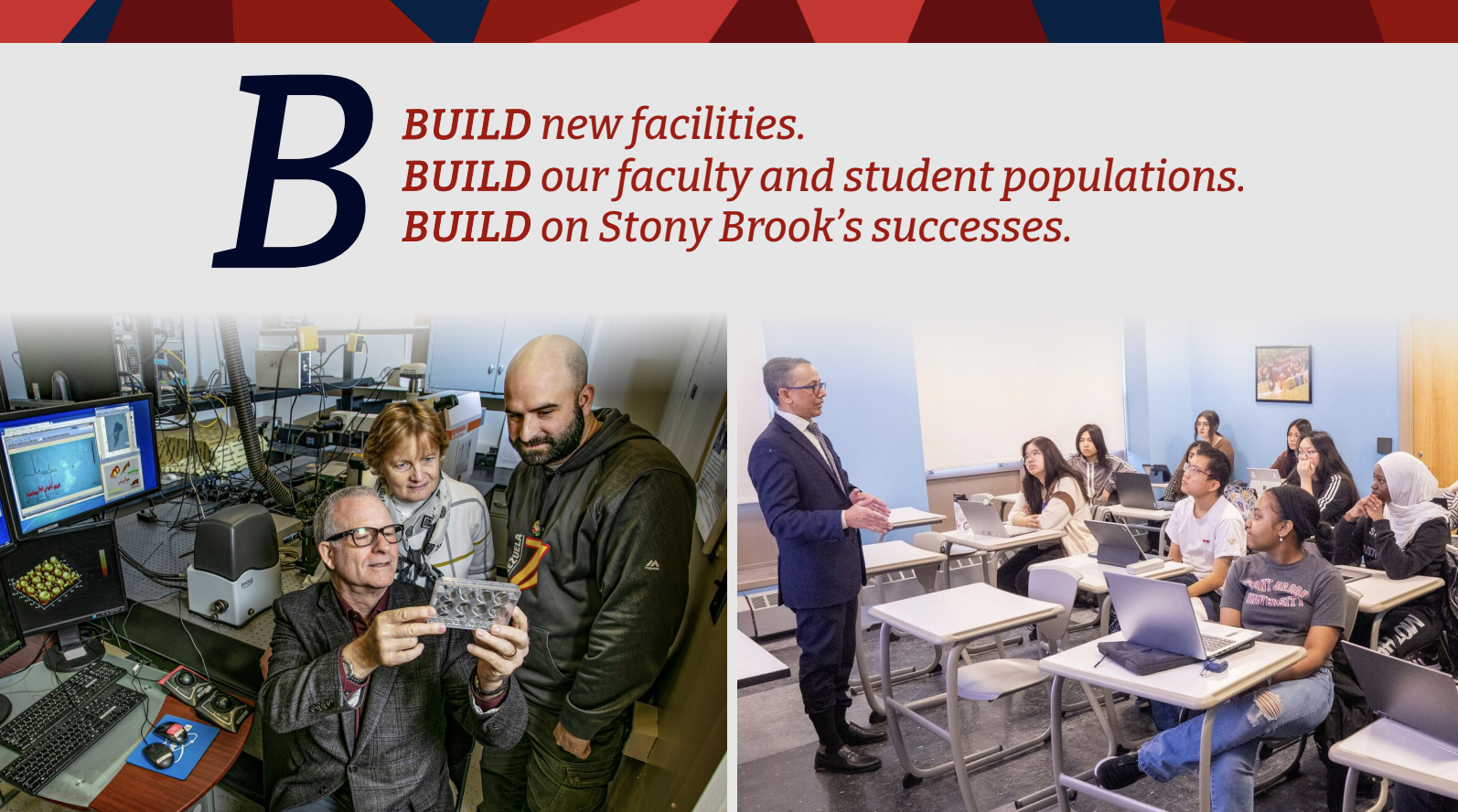 Slide featuring a large letter "B" and text starting with "BUILD" above two images showing a research lab and a university classroom.