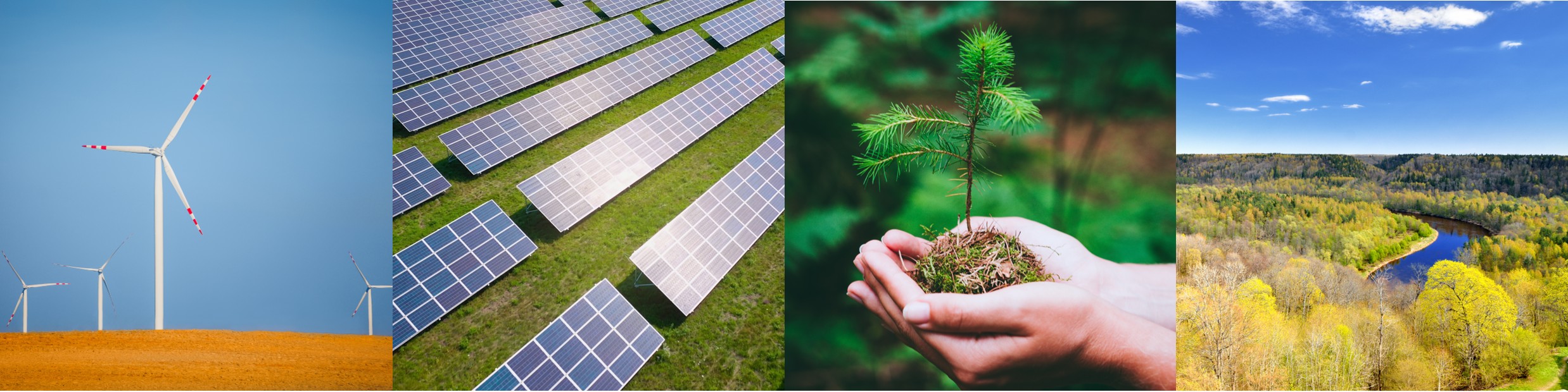 Wind turbines, solar panels, soil, and river