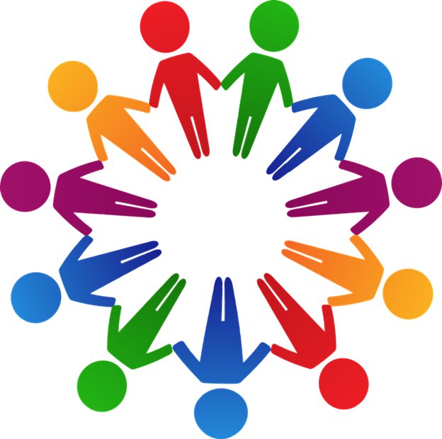 Colorful stick figures holding hands in a circle