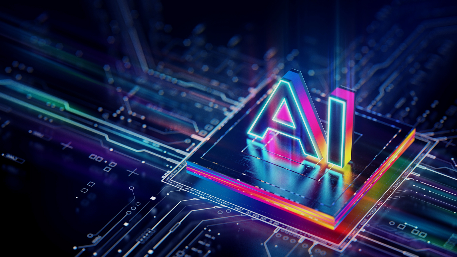 A glowing neon 3D "AI" emblem on top of a microchip processor on a colorful computer circuit board.