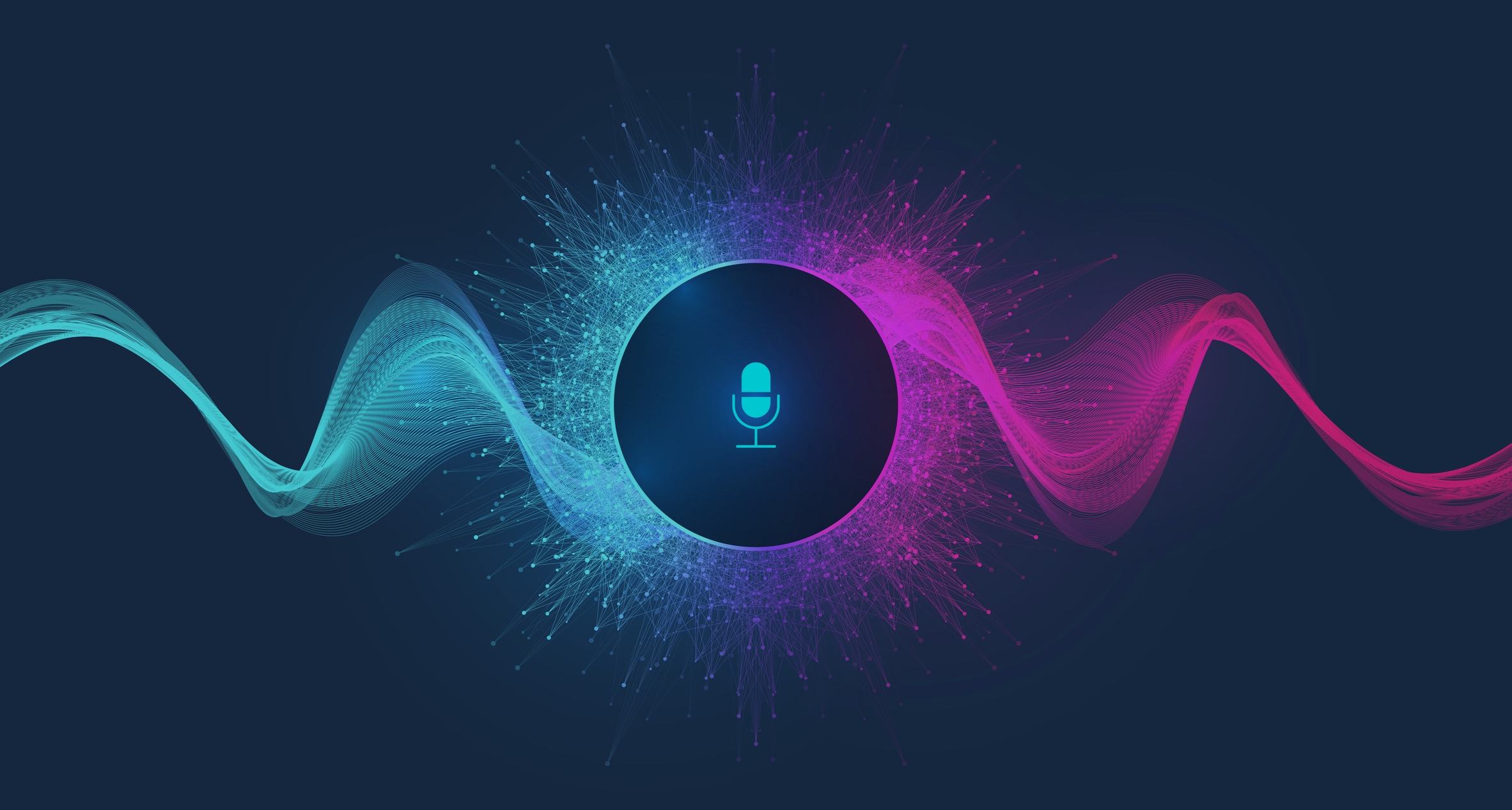 A glowing cyan microphone icon centered within a digital network ring with flowing blue and pink sound waves on a dark background.