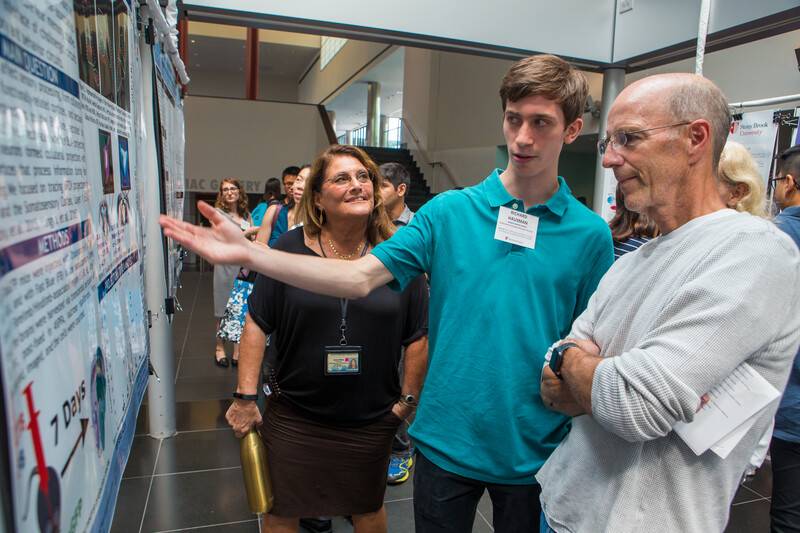 A student presenting a research poster to an attentive audience during an academic poster session at Stony Brook University.