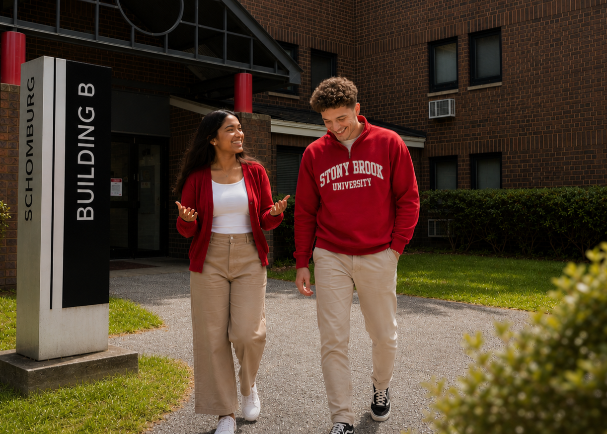 Two students walking out of Schomburg B