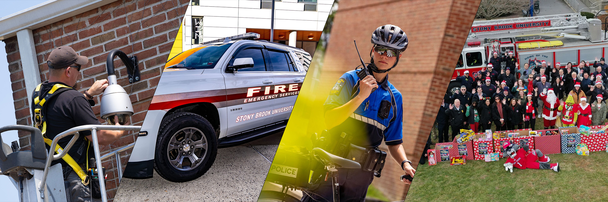 Collage of a group of people in front of a fire truck, a police officer on a radio, a fire chiefs suv, and a person working on a security camera