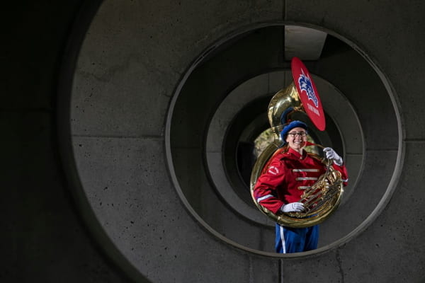 Lucy DiBenedetto dressed in her marching band uniform with her tuba Lucy DiBenedetto dressed in her marching band uniform with her tuba
