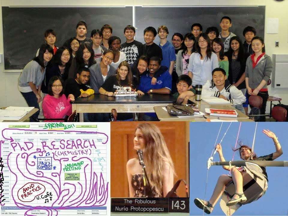 A photo collage that includes photos of Nuria Protopopescu with her students, at a carnival, at a jazz performance, and a photo of her schedule