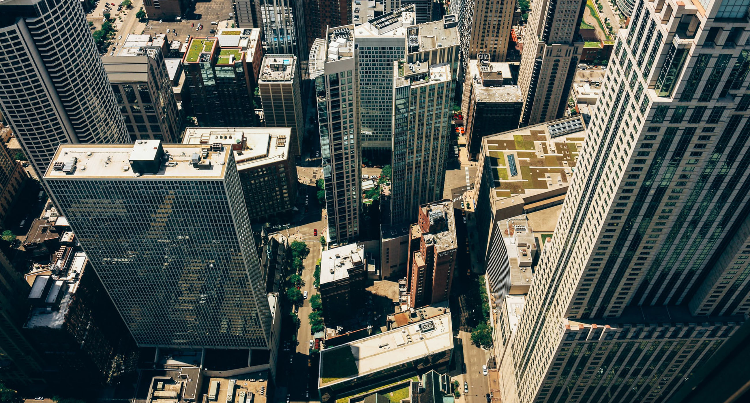 Aerial city view from above skyscrapers