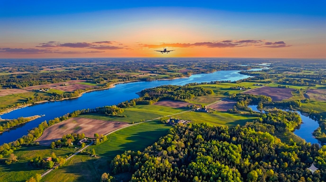 Airplane flying over a countryside landscape.