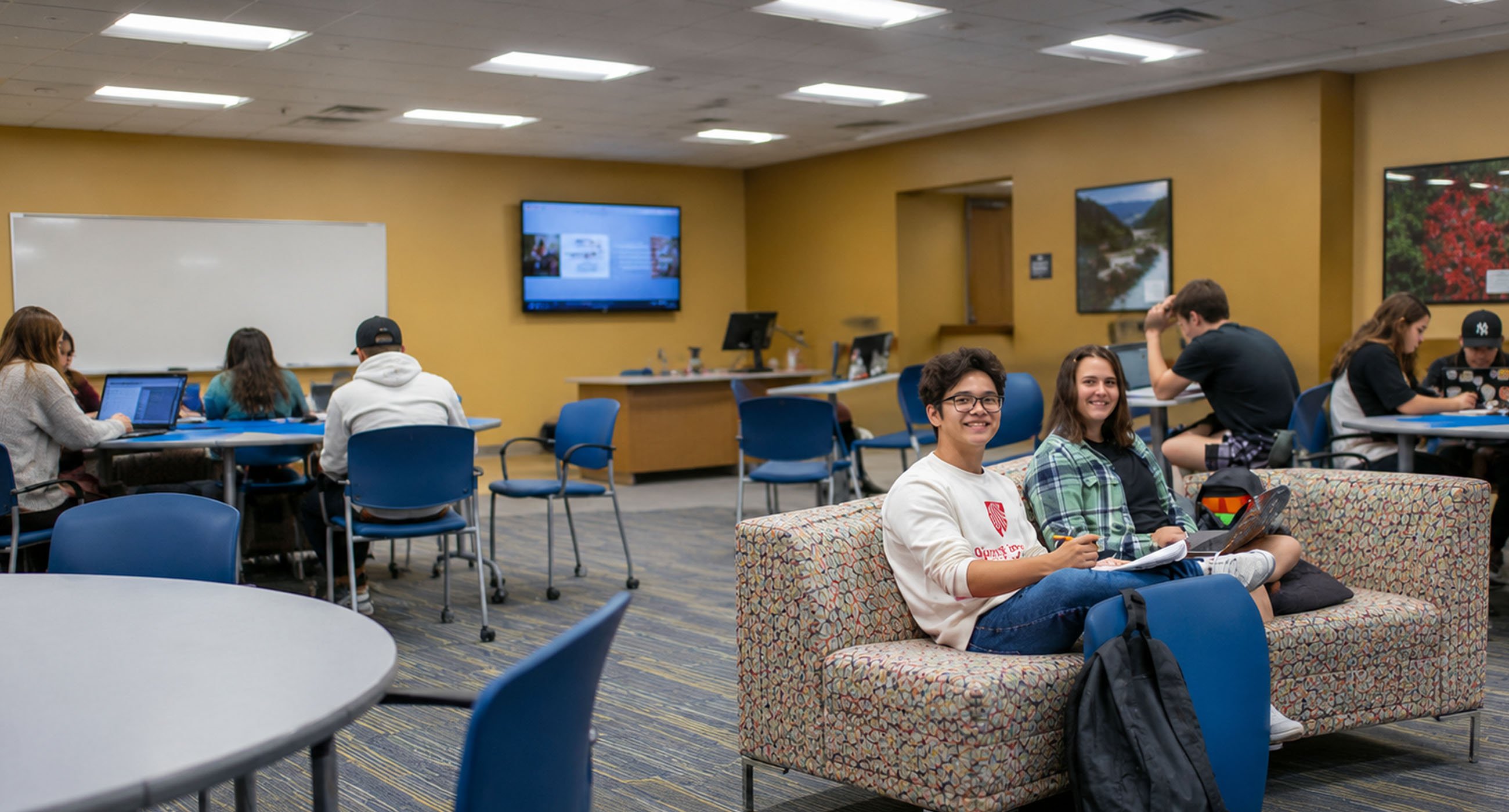 Two students studying in lounge