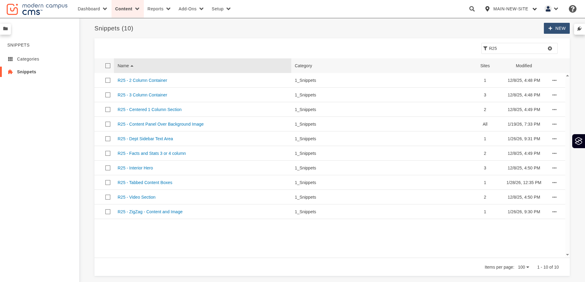 an image of the list of snippets in Modern Campus' interface
